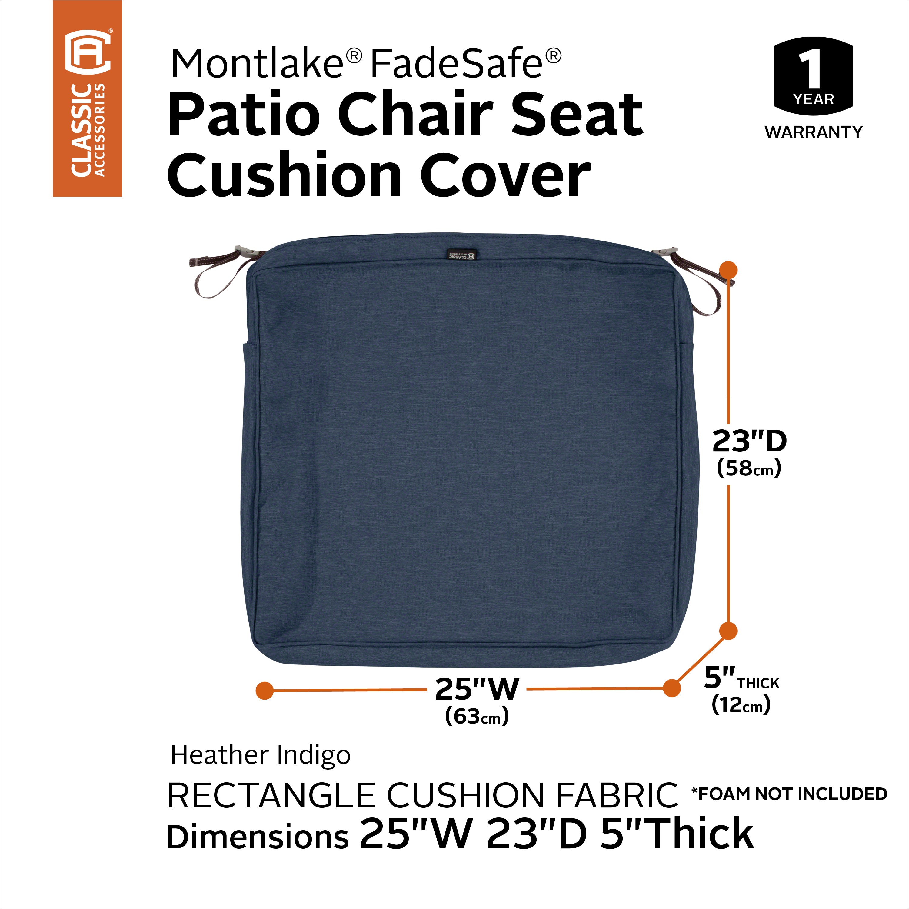 Classic Accessories Montlake FadeSafe Water-Resistant Rectangular Patio Lounge Seat Cushion Cover
