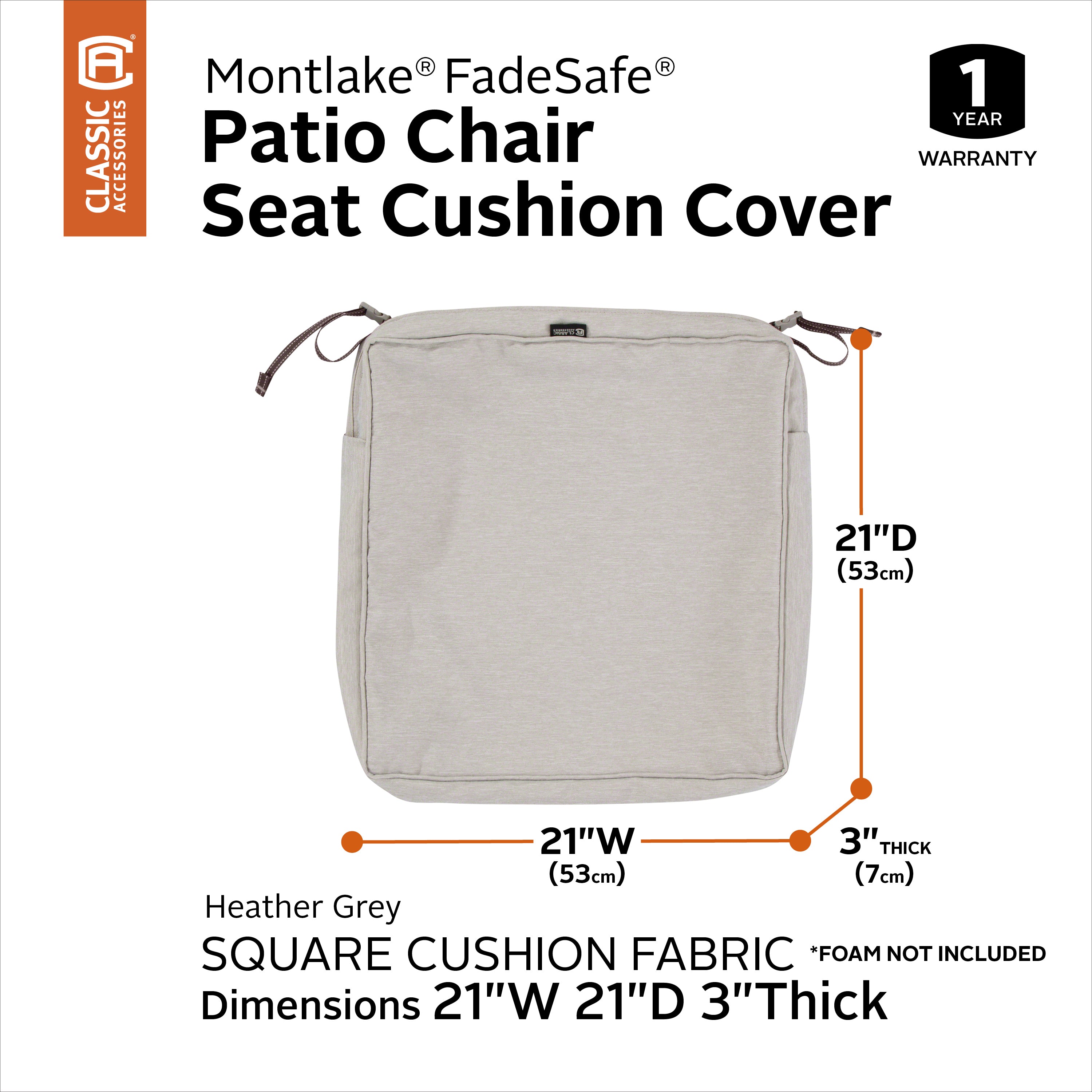 Classic Accessories Montlake FadeSafe Water-Resistant 3 Inch Thick Square Patio Dining Seat Cushion Cover