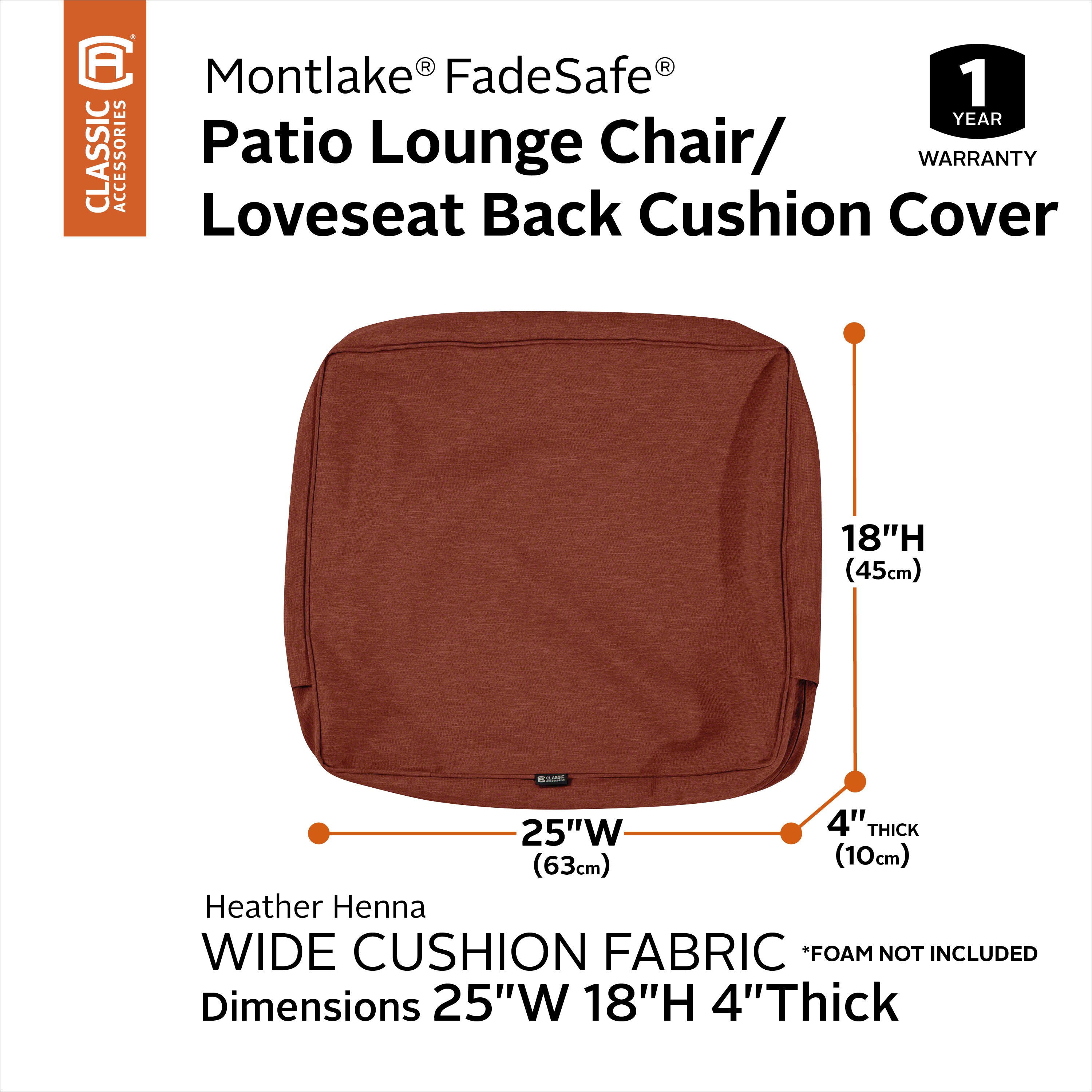 Classic Accessories Montlake FadeSafe Water-Resistant Patio Lounge Back Cushion Cover
