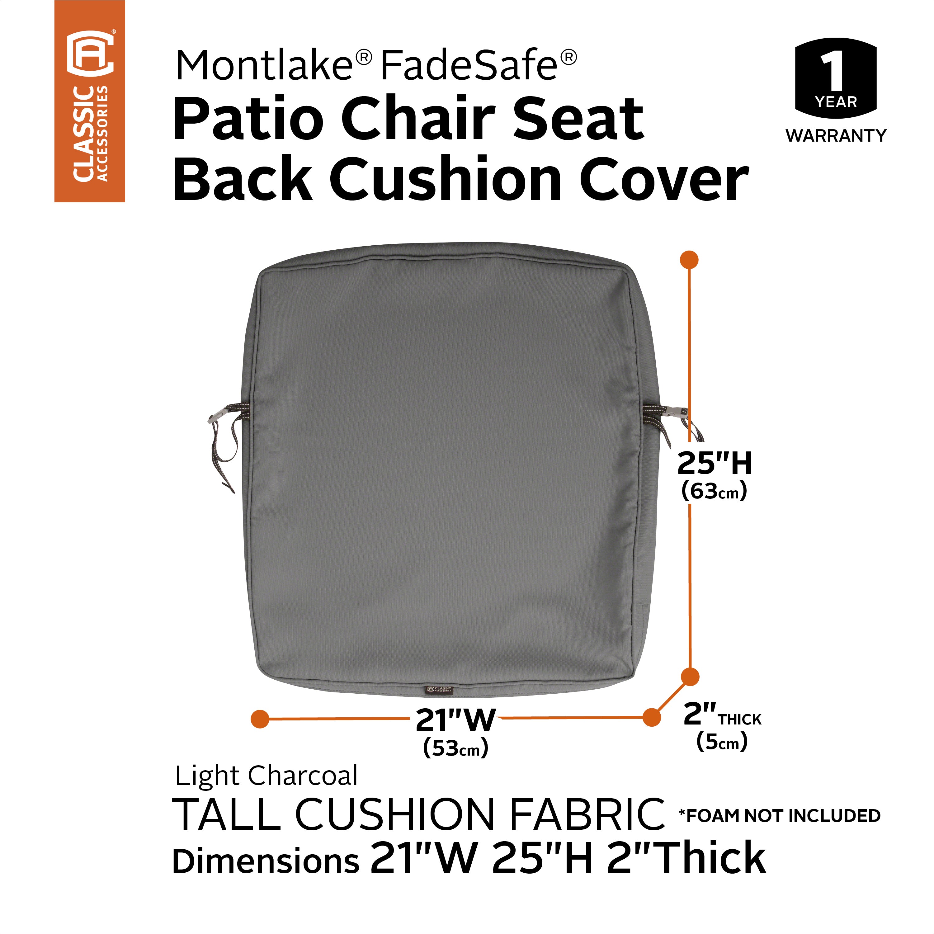 Classic Accessories Montlake FadeSafe Water-Resistant Patio Lounge Back Cushion Cover