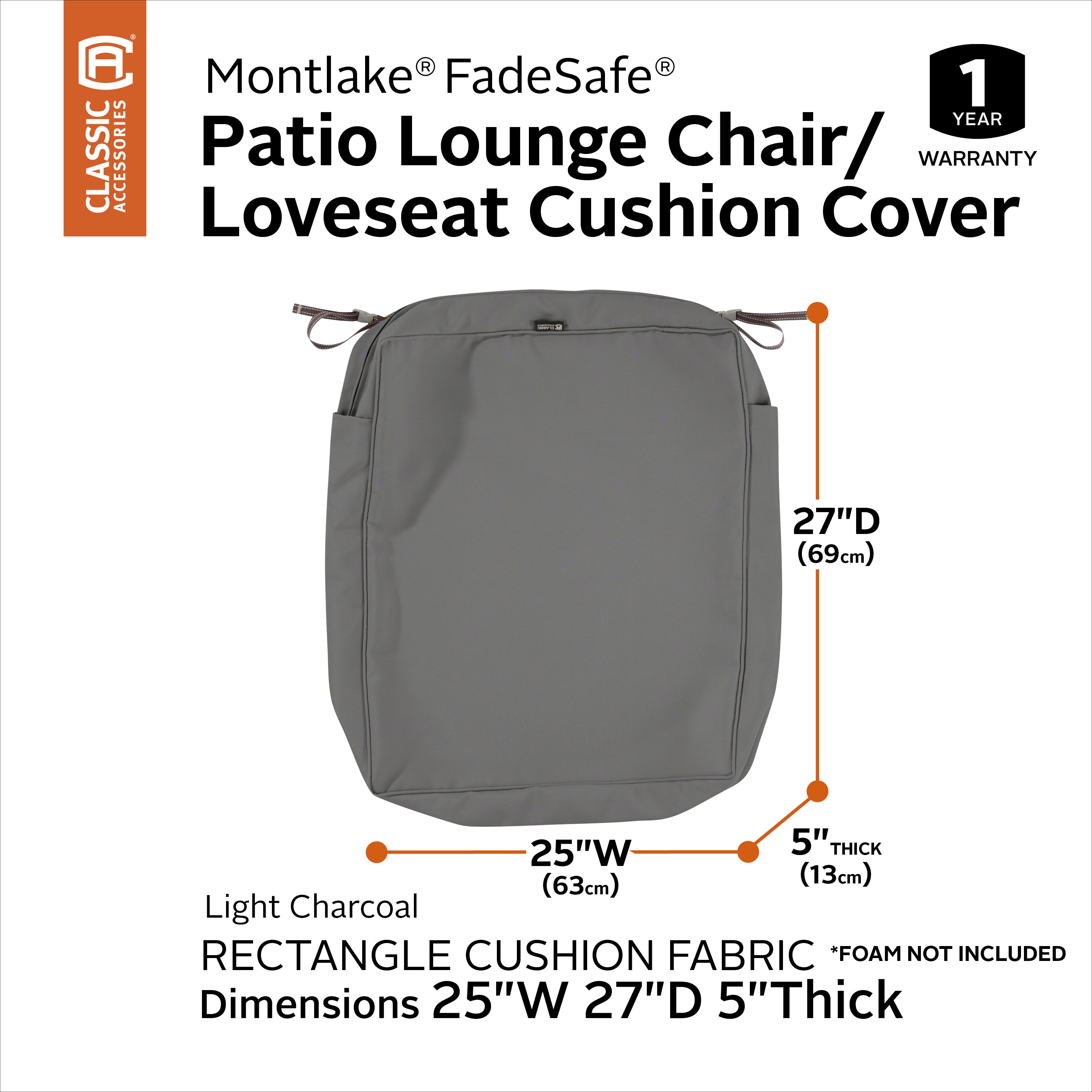 Classic Accessories Montlake FadeSafe Water-Resistant Rectangular Patio Lounge Seat Cushion Cover