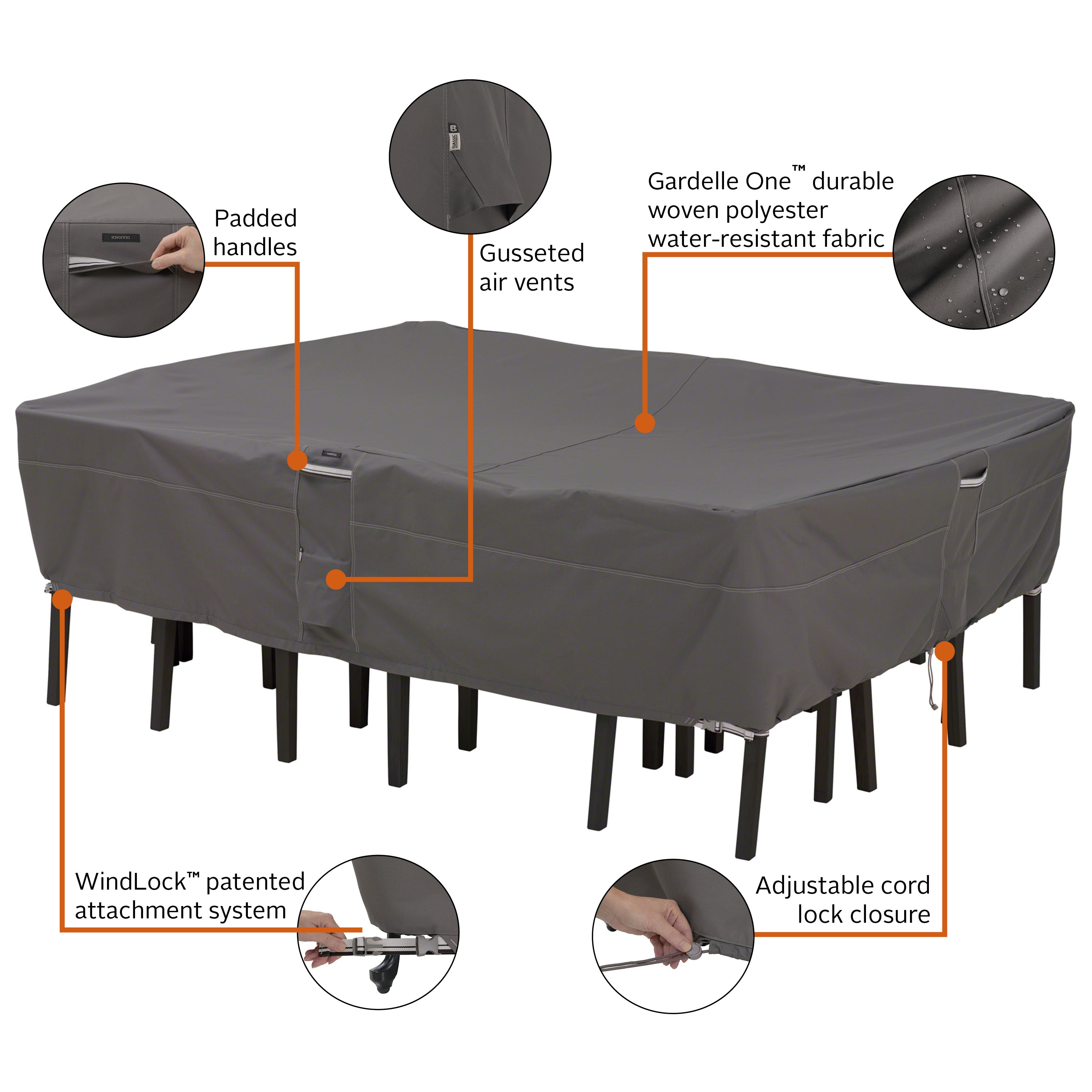 UV-resistant outdoor table cover with shock cord sleeve system diagram