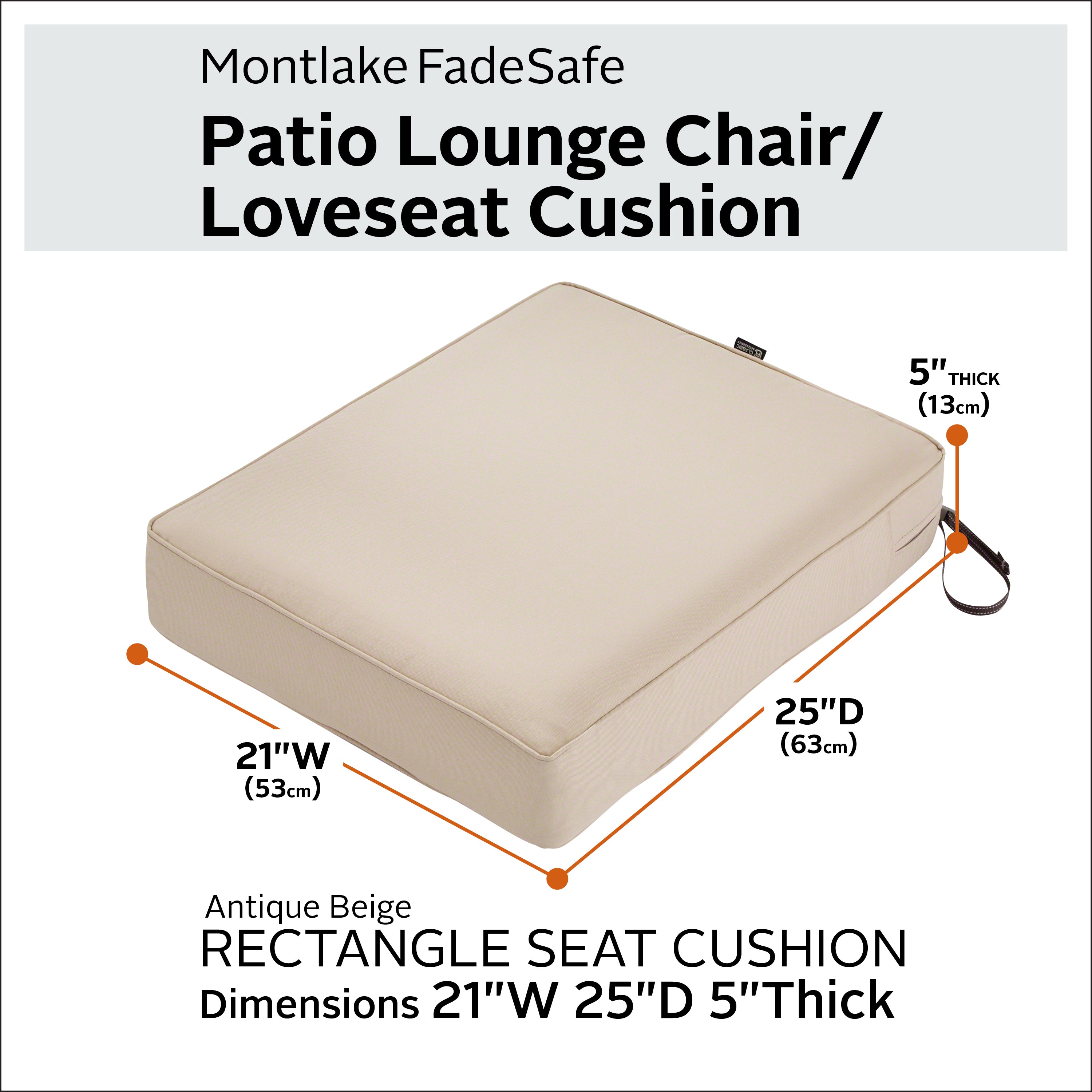 Classic Accessories Montlake FadeSafe Water-Resistant 5 Inch Thick Rectangle Patio Lounge Seat Cushion