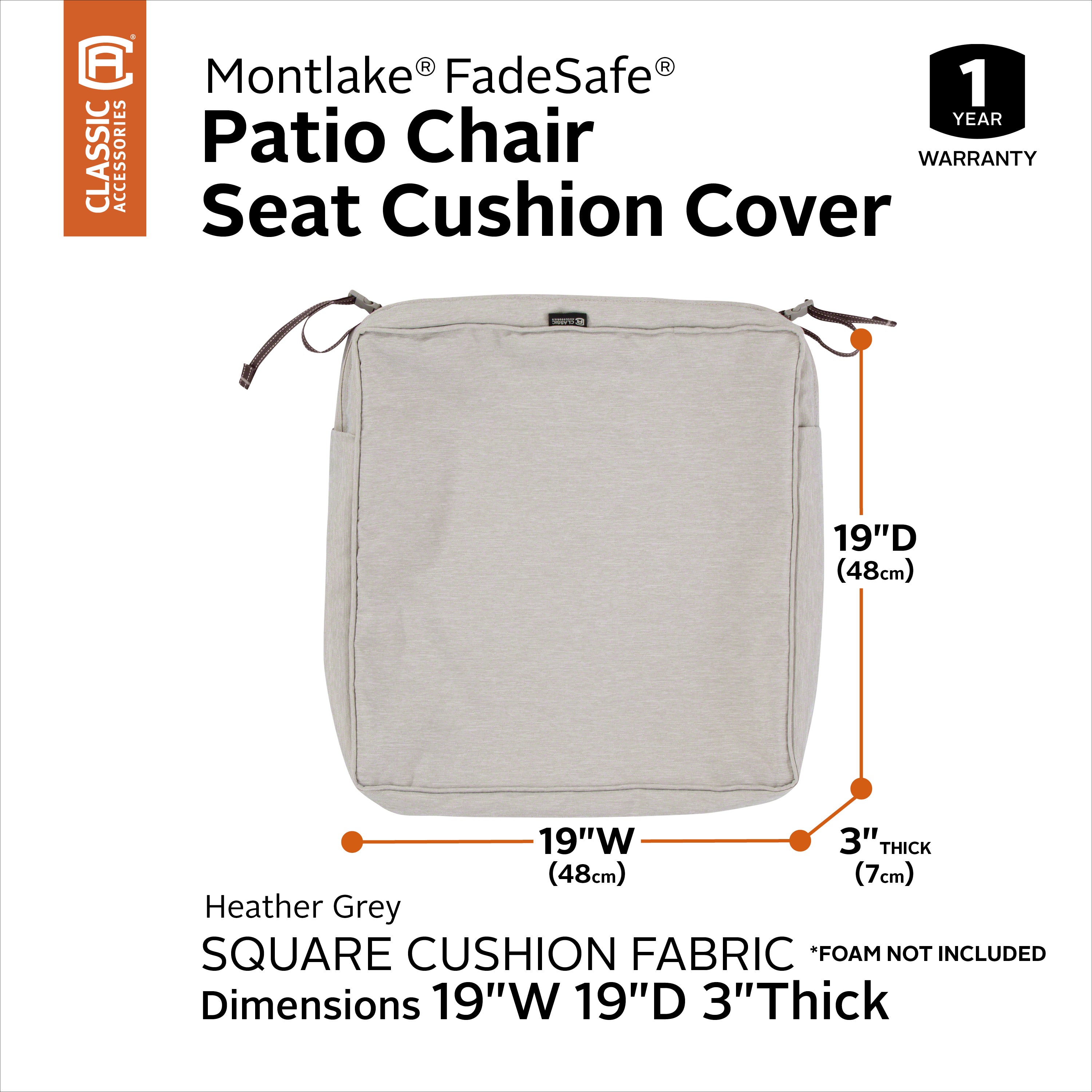 Classic Accessories Montlake FadeSafe Water-Resistant 3 Inch Thick Square Patio Dining Seat Cushion Cover
