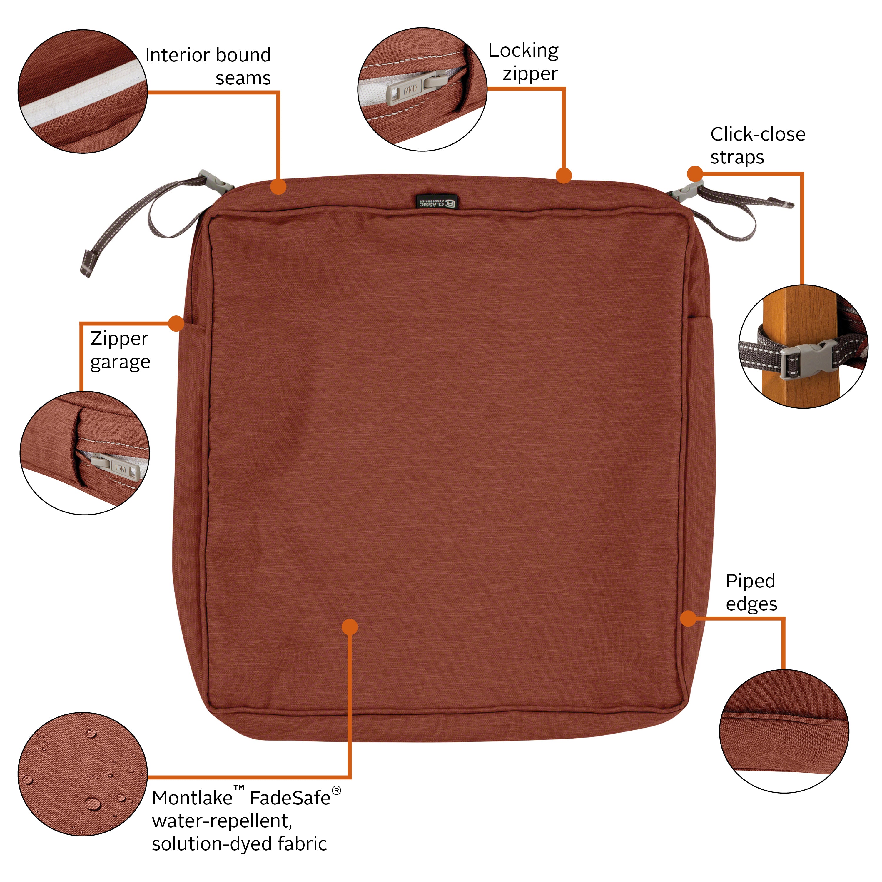 Classic Accessories Montlake FadeSafe Water-Resistant 3 Inch Thick Square Patio Dining Seat Cushion Cover