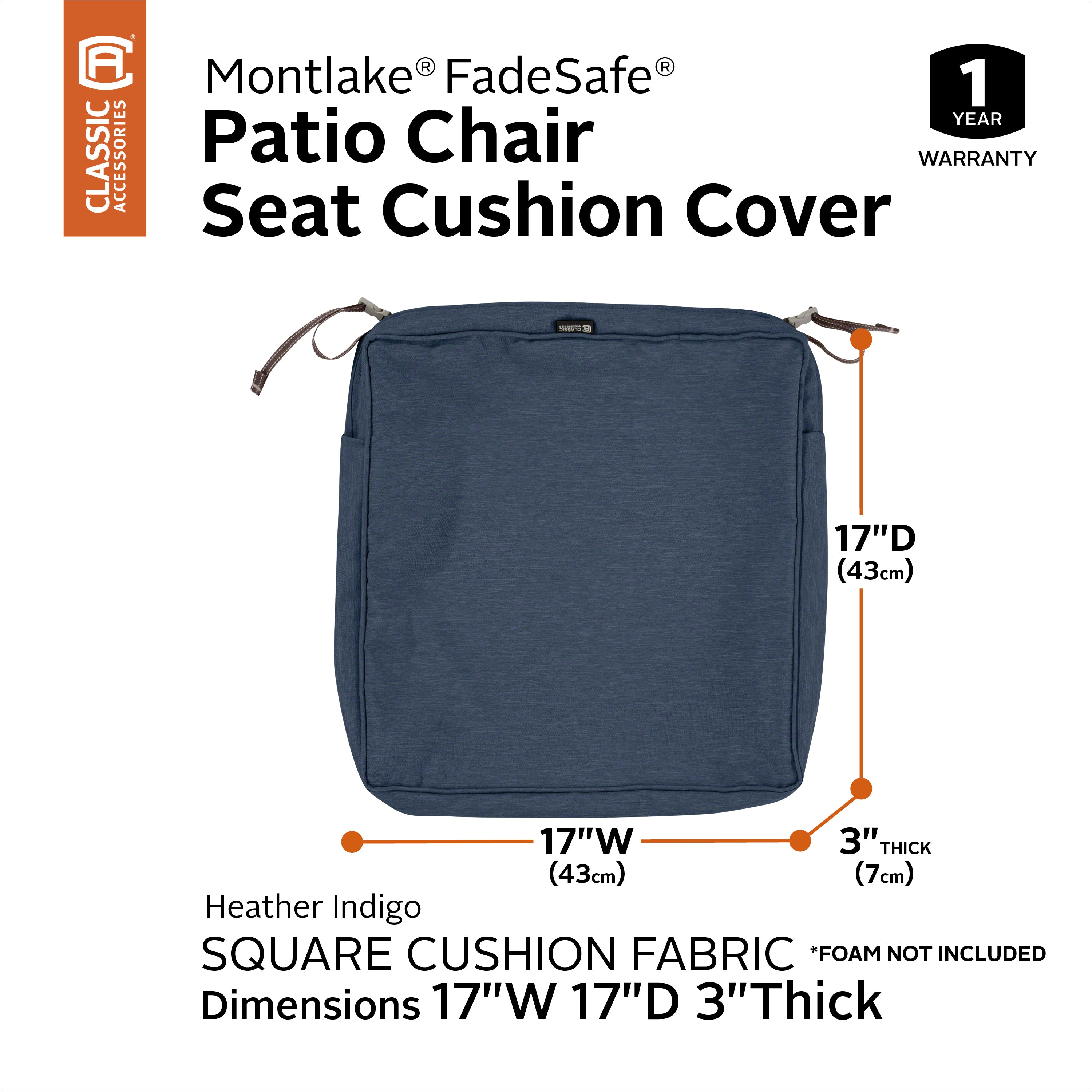 Classic Accessories Montlake FadeSafe Water-Resistant 3 Inch Thick Square Patio Dining Seat Cushion Cover