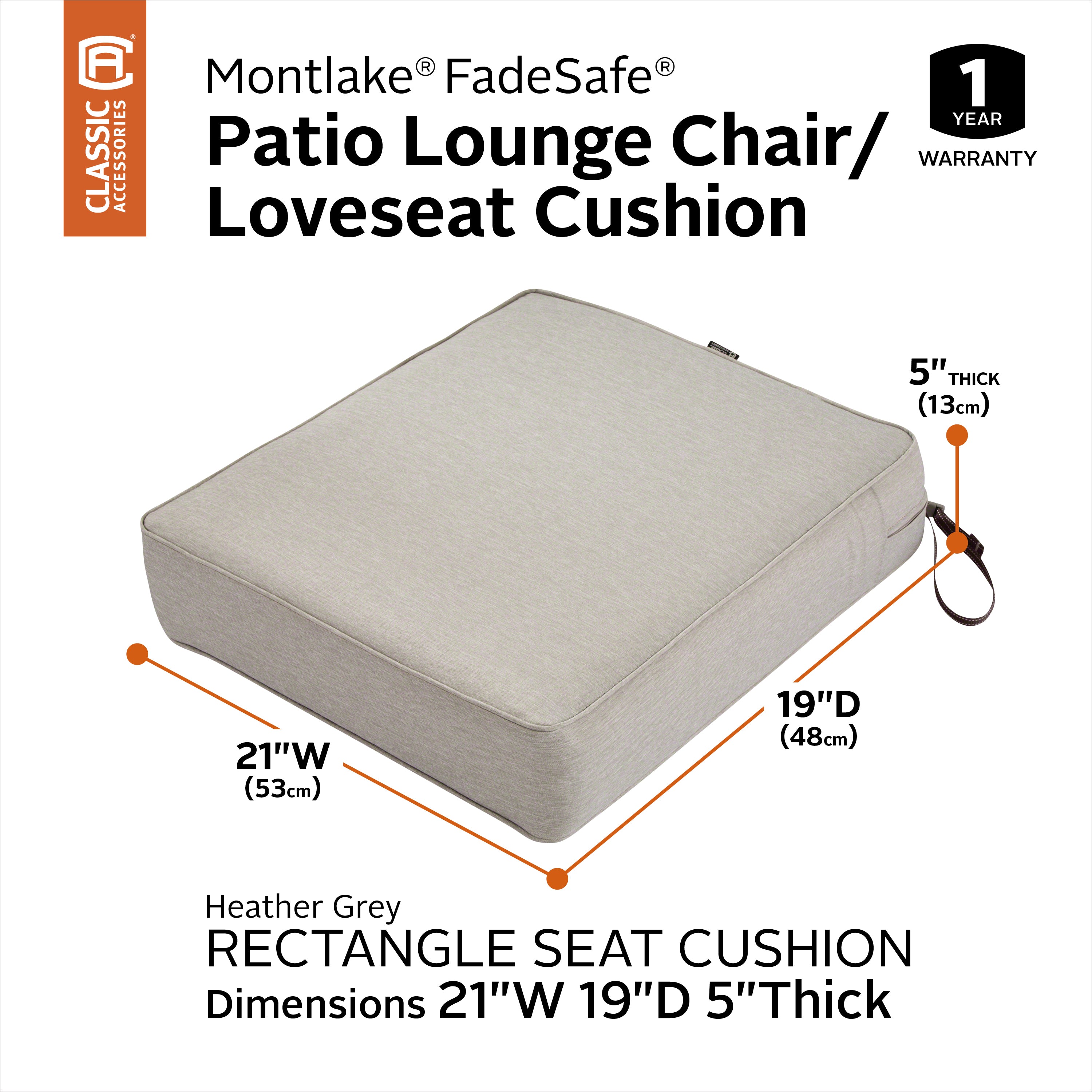 Classic Accessories Montlake FadeSafe Water-Resistant 5 Inch Thick Rectangle Patio Lounge Seat Cushion