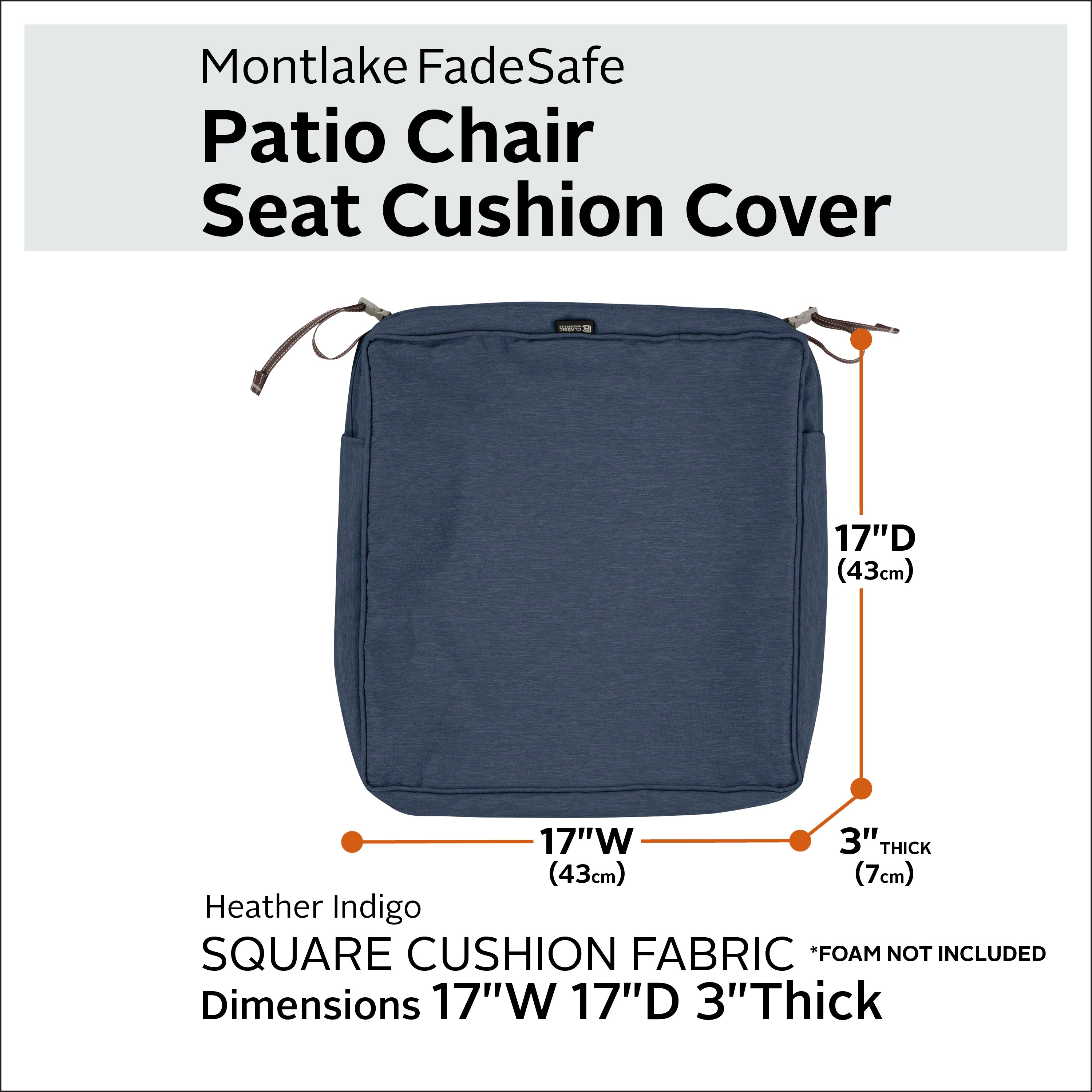 Classic Accessories Montlake FadeSafe Water-Resistant 3 Inch Thick Square Patio Dining Seat Cushion Cover