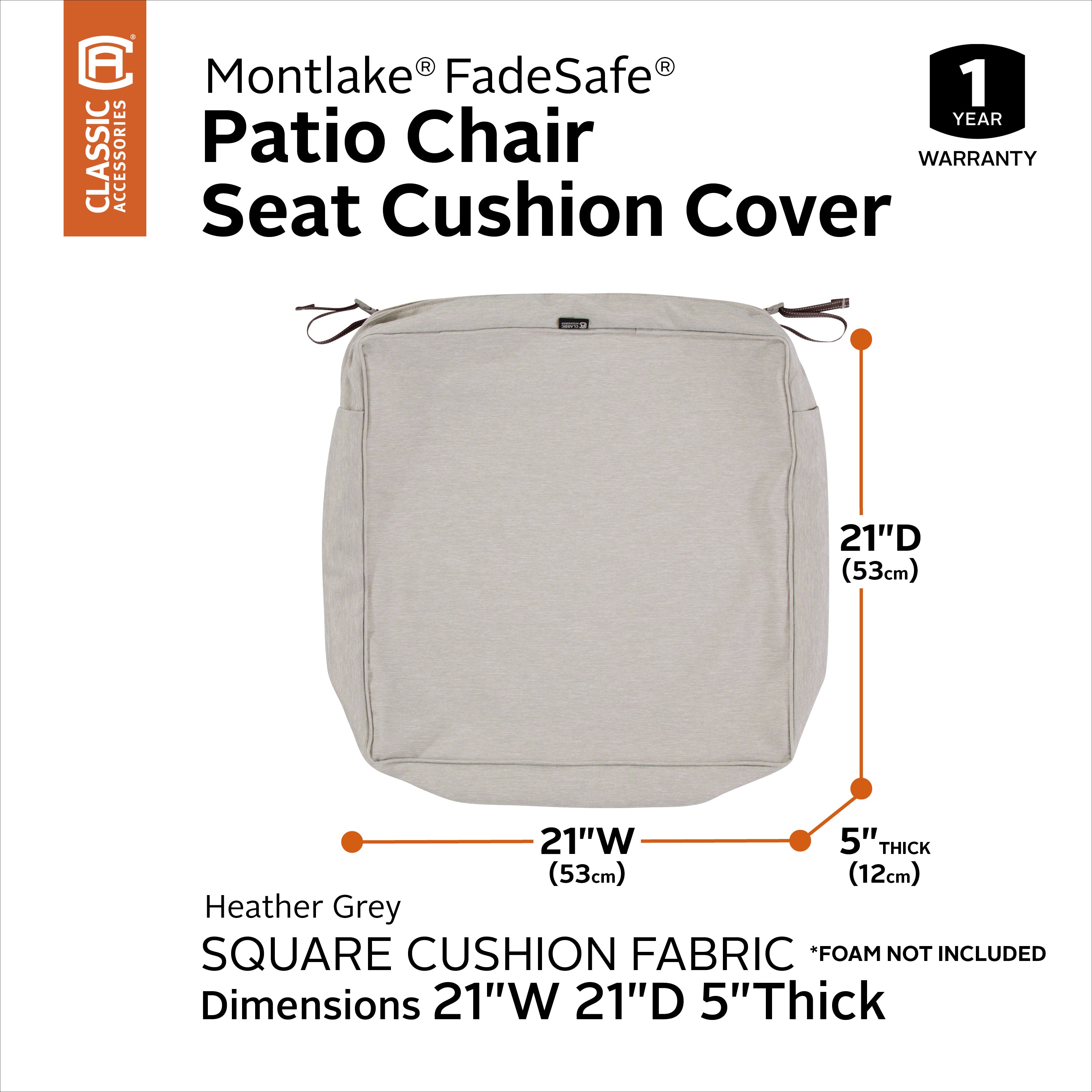 Classic Accessories Montlake FadeSafe Water-Resistant 5 Inch Thick Square Patio Dining Seat Cushion Cover