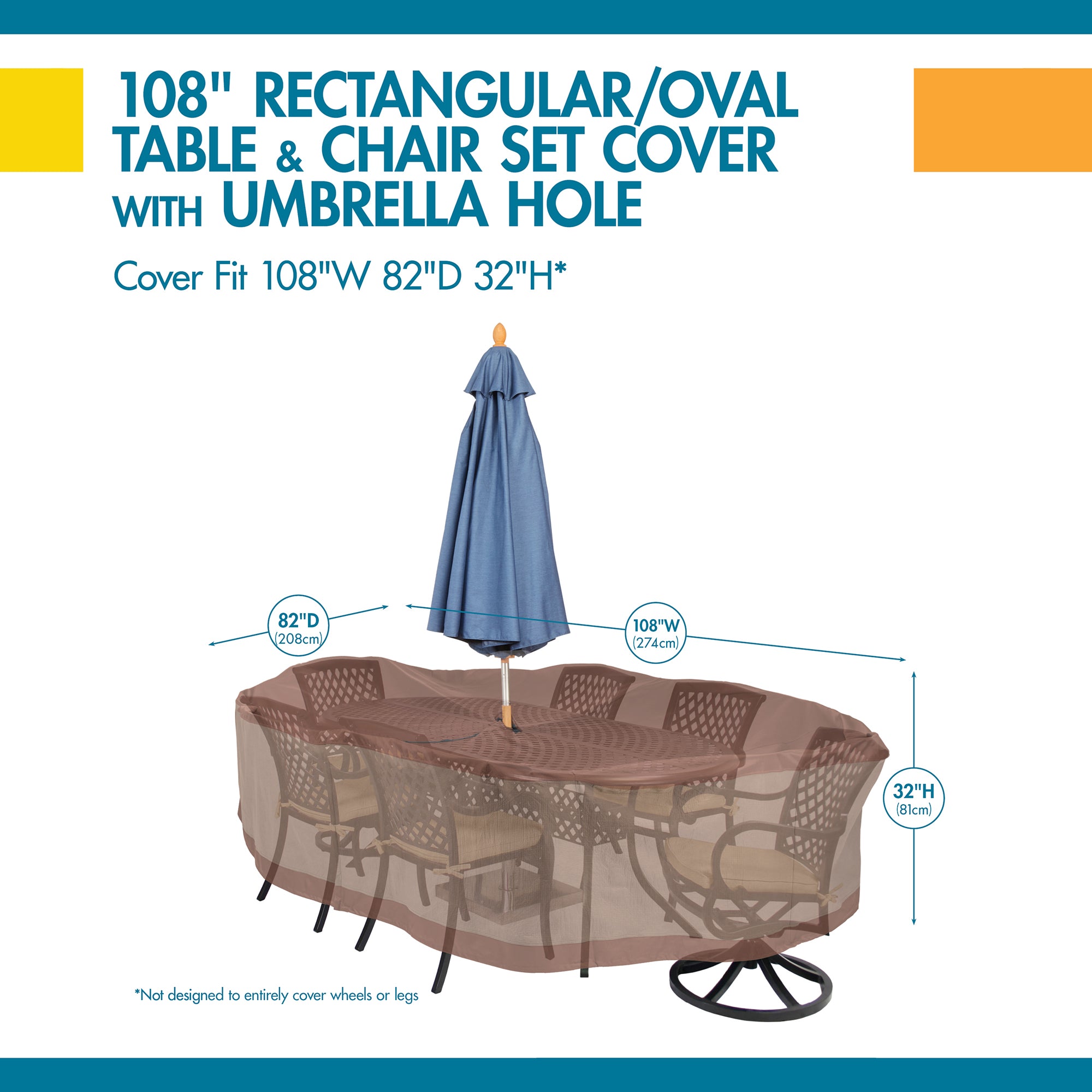 Duck Covers Ultimate Waterproof 108 Inch Rectangular/Oval Patio Table & Chair Set Cover with Umbrella Hole