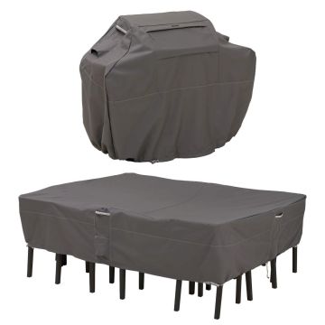 Ravenna Water-Resistant BBQ Grill Cover and Rectangular/Oval Patio Table & Chair Set Cover Bundle