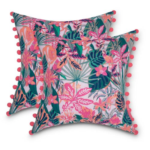 Vera Bradley by Classic Accessories Classic Accessories Water-Resistant Accent Pillow with Poms, 18 x 18 x 8 Inch, 2 Pack, Rain Forest Canopy Coral