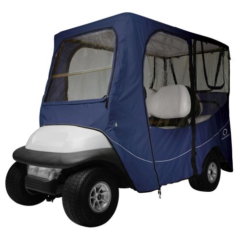 Classic Accessories Fairway Long Roof 4-Person Deluxe Golf Cart Enclosure, Navy News with Clear Windows