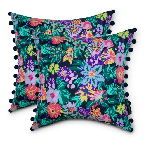 Vera Bradley by Classic Accessories  Water-Resistant Accent Pillow with Poms, 18 x 18 x 8 Inch, 2 Pack, Happy Blooms